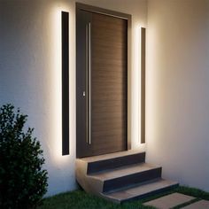 modern front door with lights and steps leading up to it