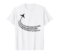 a white t - shirt with an airplane on the back and words written in black