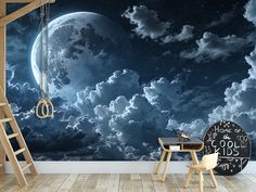 Night Sky & Moon Clouds wallpapers are great for your design. Good quality and a great solution for decorating a room.  CUSTOM SIZES: It is possible to make custom sizes wallpaper. Just write me what size you need and I will send you an image preview with your size and cost. Materials and quality: PEEL AND STCIK WALLPAPER: For the production of wallpapers, I use Vinyl film of German quality. Vinyl has a good ink adhesion with high resolution and accurate color reproduction, and a strong adhesive layer that will ensure reliable adhesion to the wall for a long time. Eco-solvent and eco-friendly inks that are odorless and tasteless (just kidding ). The printing process is provided by the Japanese printer Mutoh. The printed image is laminated on top with a transparent matte film. This makes th Kids Room Space Theme, Night Sky Painted Mural, Moon Mural Nursery, Night Sky Nursery Mural, Night Sky Mountain Mural Nursery, Moon And Stars Mural Nursery, Night Sky Moon, Moon Clouds, Sky Moon