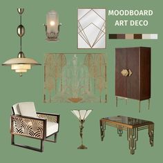 an assortment of art deco furniture and decor items in shades of green, brown, gold and white