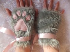 Cute Grey Furry Cat Fox Neko Pink Paw Print Fingerless Gloves Wrist Warmers Halloween Costume Cat Costume Kids, Paw Pad, Pink Paw Print, Halloween Kitty, Pink Gloves, Pink Paws, Grey Cat, Christmas Costume