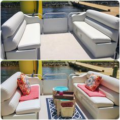 two photos of the inside of a boat with couches and tables on it, along with other boats in the water