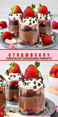 chocolate cheesecake parfaits with strawberries on top