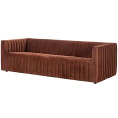 a brown velvet sofa with pleated back and arms, on an isolated white background