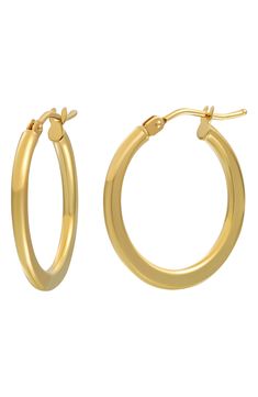 Gleaming 14-karat gold is handcrafted into classically elegant hoop earrings that pair well with any look. 3/4" hoop diameter Snap-post closure 14k gold Made in Italy Classic 14k Stamped Hoop Earrings, Classic 14k Gold Huggie Earrings, 14k Gold Oval Hoop Earrings Timeless Style, Timeless Oval Hoop Earrings With Polished Finish, Timeless 14k Gold Oval Hoop Earrings, Oval 14k Gold Hoop Earrings Timeless Style, Timeless Oval 14k Gold Hoop Earrings, Classic Hallmarked Luxury Earrings, Classic Gold Plated Polished Hoop Earrings