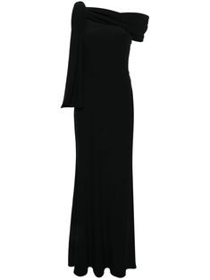 black crepe texture off-shoulder sleeveless knot detailing sash detail floor-length satin lining concealed side zip fastening Haute Couture, Couture, Black Formal Dress Long Classy, Alexander Mcqueen Aesthetic, Black Couture Dress, One Shoulder Drape Dress, Alexander Mcqueen Dress, Black Formal Gown, Mcqueen Dress