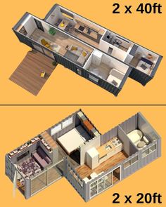 two different views of a house from the top to the bottom, with 2x4ft and 4x7ft