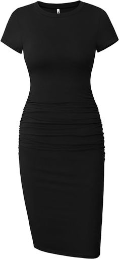 Amazon.com: Missufe Women's Ruched Casual Sundress Knee Length Bodycon Pencil Dress (Black, X-Large) : Clothing, Shoes & Jewelry Sundress Midi, Summer Tunic Dress, Business Casual Blouse, Midi Sundress, Slim Sweater, Club Night, Ruched Bodycon Dress, Womens Long Sleeve Shirts