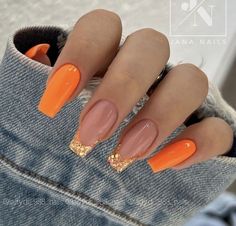 Fall Acrylic Nails, Almond Acrylic Nails, Fall Nail Art, Orange Nails, Short Acrylic Nails