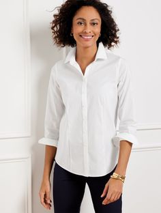 You’ll look perfectly put together in our effortless perfect shirt. Always pristine and just right for work, travel and every day. Crafted in a classic silhouette with wrinkle-free fabric that retains a crisp look from AM to PM. Features Long sleeve Hits at hip Shirt collar Button front closure Features a curved hem Imported Fit: Misses: 27"; Petite: 26"; Plus: 30 1/2"; Plus Petite: 28 1/2" Material: 97% Cotton, 3% Spandex Care: Machine wash cold; tumble dry low | Non-Iron Perfect Shirt - Solid Fall Stripes, Am To Pm, Black Watch Tartan, Classic White Shirt, Classic Style Women, New Pant, Simple Shirts, Work Travel, Classic Silhouette