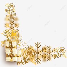 golden snowflakes on white background with space for text