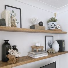 some shelves with pictures and plants on them