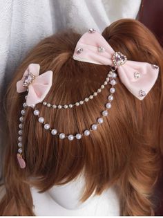 The hairclip is pink and consists of a large bowknot and a small bowknot, each with a heart-shaped rhinestone as an ornament, while the large bow also has some small heart rhinestones for decoration. In addition, there is a bead chain connecting two bows, and a heart charm on the bead chain.  This hairclip is very princess .  This price is for a hairclip only.   	 		 			Size 			Free Size 		 		 			Length 			10/5 Steampunk Fashion Female, Steampunk Fashion Male, Steampunk Accessories, Kawaii Accessories, Large Bow, Bead Chain, Pink Rhinestones, Small Heart, Steampunk Fashion