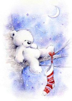 a white teddy bear sitting on top of a snow covered roof next to a christmas stocking