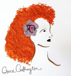 a drawing of a woman with red hair and a flower in her hair