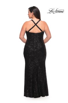 Sequin long plus size dress with faux wrap style bodice and V neckline. Back zipper closure. Please review size chart for measurements of each La Femme size option. Fabric: Sequin Length (hollow to hem): Approx 60 inches Style: Long Dresses, V-Neck Plus Formal Dresses, Sequined Gown, Halter Evening Dress, Plus Size Evening Gown, Plus Size Prom, Designer Evening Gowns, Glamorous Dresses, Floor Length Skirt, Dress Purchase