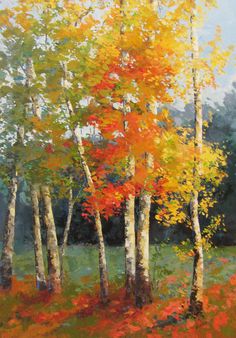 an oil painting of trees in the fall