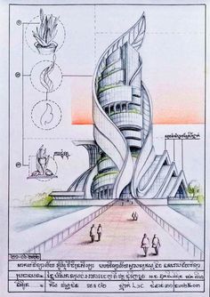 a drawing of a spiral building with people walking around it