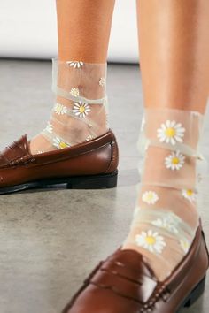 Loafers And Socks, Tulle Socks, Floral Socks, Style Guru, Sheer Socks, Brown Loafers