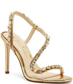 Jessica Simpson Jaycin Rhinestone Asymmetrical Metallic Dress Sandals | Dillard's Homecoming Heels, Jessica Simpson Collection, Fun Heels, Evening Sandals, Wardrobe Update, Gold Heels, Jessica Simpson Shoes, Metallic Dress, Dress Sandals