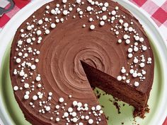 a chocolate cake with white sprinkles on a green plate and red checkered tablecloth