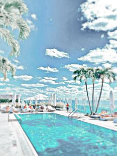 an empty swimming pool surrounded by palm trees