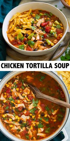 chicken tortilla soup in a white bowl with a wooden spoon on the side