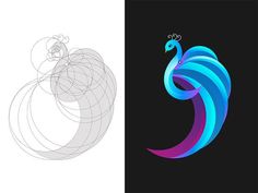 an abstract bird logo design on black and white and blue, with the letter e