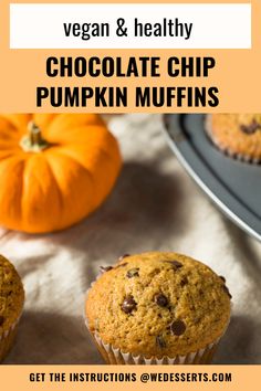 a dark chocolate chip pumpkin muffin on the counter next to a pumpkin Pumpkin Oatmeal Muffins, Muffins With Chocolate Chips, Muffins With Chocolate, Thanksgiving Desserts Easy, Pumpkin Chocolate Chip, Quick Easy Desserts