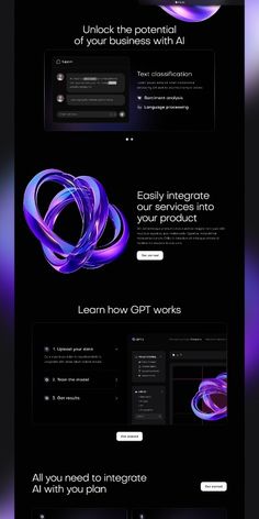 the website design for an electronic company is shown in purple and black colors, with text below