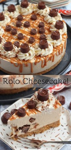 a cheesecake topped with chocolate and caramel drizzle