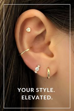 a woman wearing three different ear piercings on her left ear with the words, your style