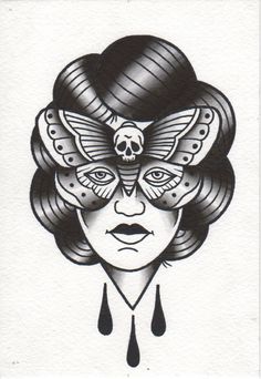 a black and white drawing of a woman's face with butterflies on her head