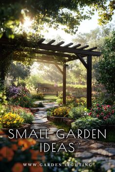 the cover of small garden ideas, with flowers and trees in the background on a sunny day