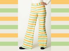 "These one of a kind vintage pants could be the perfect look for a Saint Patrick's Day celebration. With these festive pants, you'll be dancing a jig in no time! DETAILS Era: 1960's Designer: handmade (no tag) Made In: - Colors: White, Green, Orange Material: -  Tag Size: - Modern Fit: Women's size 4  Stretch: no Lined: no Closure: Button fly with hook and bar and inner jigger button Care Instructions: - Features: Right bum pocket, 4 buttons on fly, the green and orange fabrics puff out white the white fabric lies flat giving a bumpy feeling if the pants fit tight, the pants have a raw hem Garment is is in excellent vintage condition MEASUREMENTS (Measurements are taken with the garment laying flat) Waist: 15\" Hips: 17\" Rise: 10.5\" Inseam: 33\"  Please let me know if you have any questi Yellow Apron, Orange Material, Aprons Vintage, Orange Fabric, Bell Bottom Pants, Vintage Pants, Bell Bottom, Vintage Yellow, Green Orange