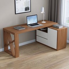 a laptop computer sitting on top of a wooden desk in front of a large window