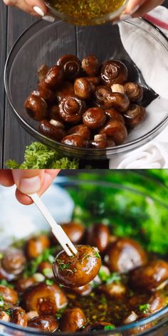 mushrooms being cooked in a glass bowl with broccoli and parsley on the side