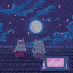 two cats sitting on top of a roof looking at the stars in the night sky