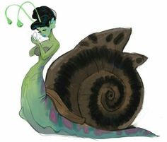 a drawing of a woman in a green dress sitting on top of a snail