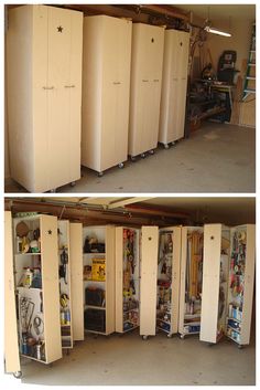 two pictures of the inside of a garage with several storage cabinets and shelves in it