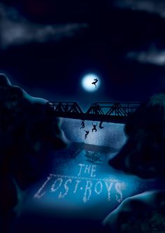 an image of the lost boys on a bridge in the night time with people walking across it