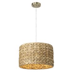 a light that is hanging from the ceiling with a woven lamp shade on top of it