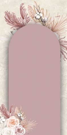 an empty pink sign with flowers and feathers on the top, in front of a textured background