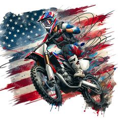 a person on a dirt bike in front of an american flag