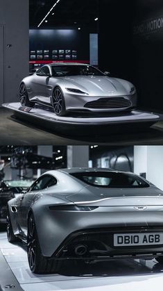 two different views of a silver car on display