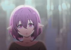 an anime character with purple hair and pink eyes