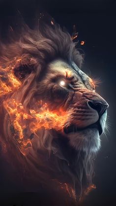 a lion's head with fire coming out of its eyes and on it's face