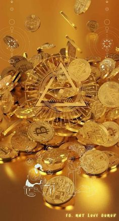 a pile of gold coins sitting on top of a table