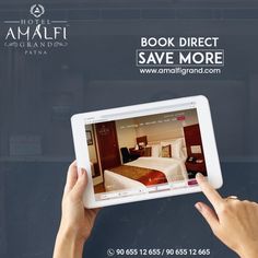 someone is holding up a tablet with a hotel website on the screen that reads, book direct save more