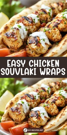 chicken skewers with ranch dressing on top and the words easy chicken souvlaki wraps above them